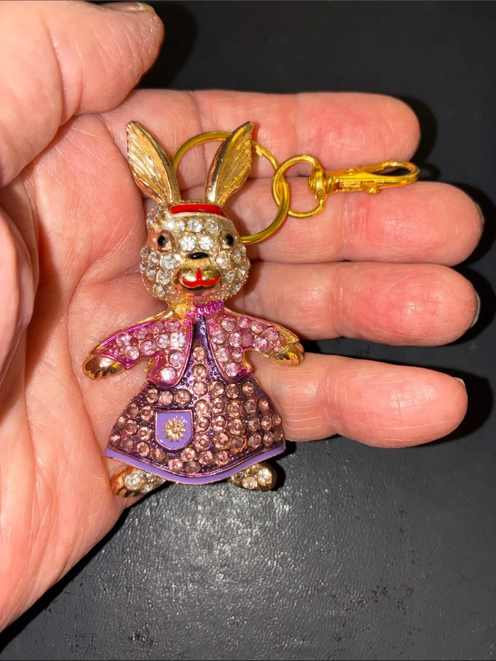 Gold-Tone Pink Crystal Bunny Charm Keychain